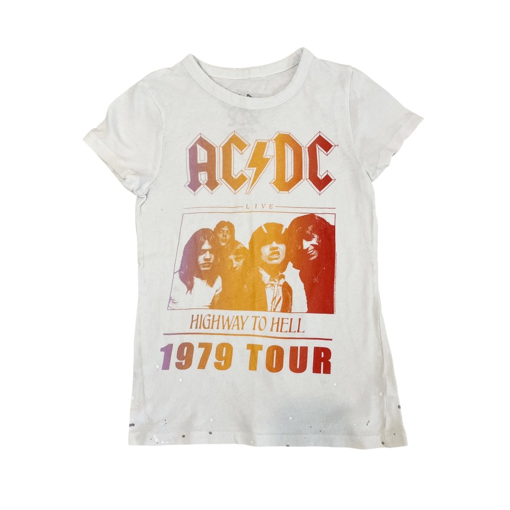 Chaser AC/DC Highway to Hell 1979 Tour Graphic Baby Tee White Paint Splatter XS